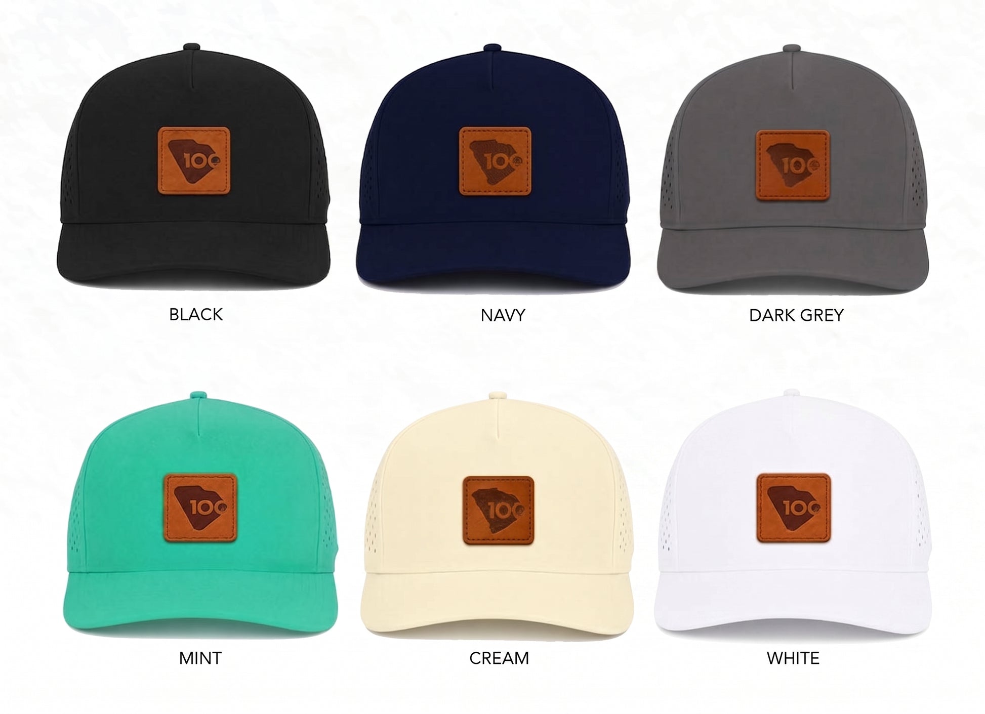 Six baseball caps shown in different colors on a white background, each with a brown square patch on the front. The colors are Black, Navy, Dark Grey, Mint, Cream, and White, labeled underneath the hats.