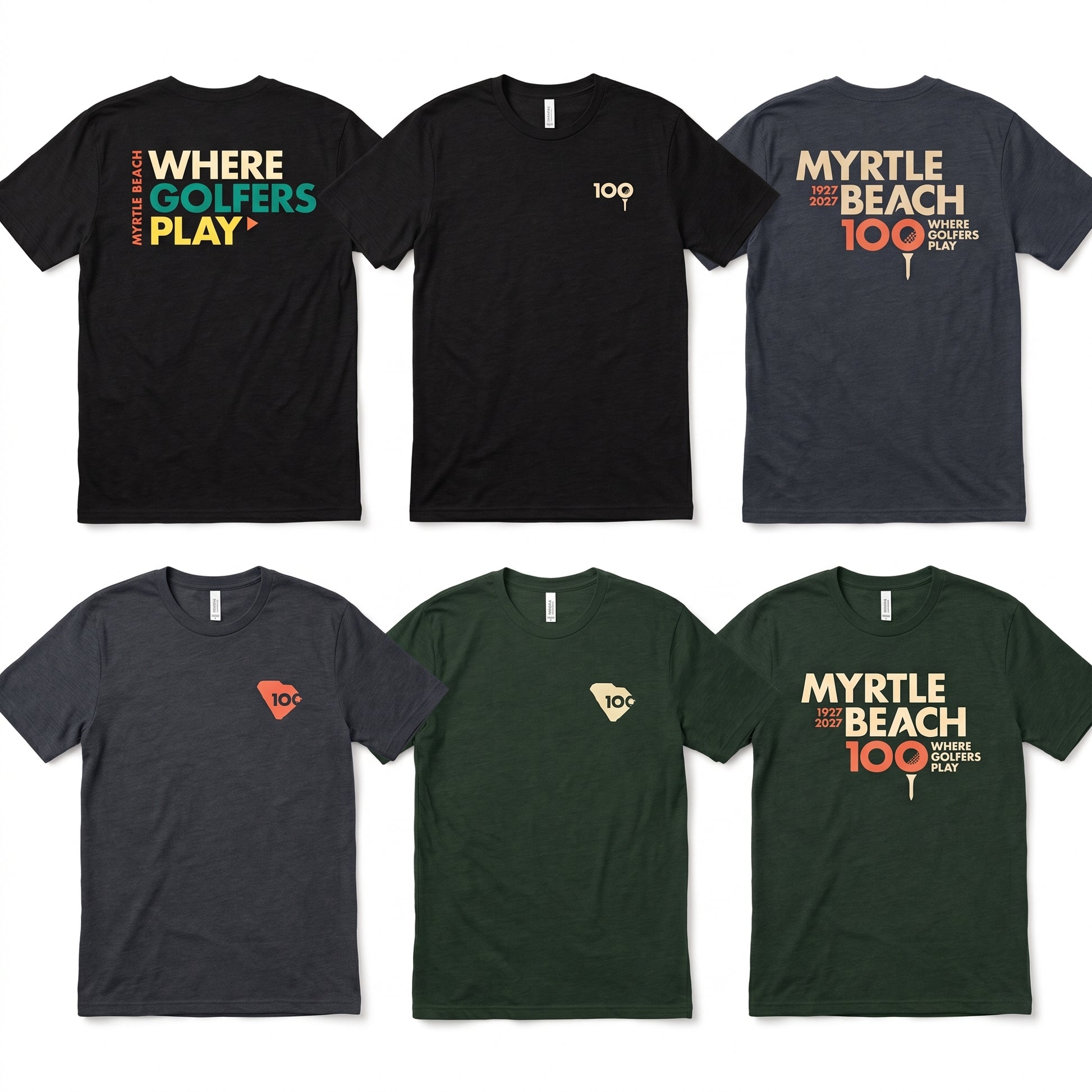 Six short-sleeve graphic T-shirts arranged in two rows of three on a plain white background. 