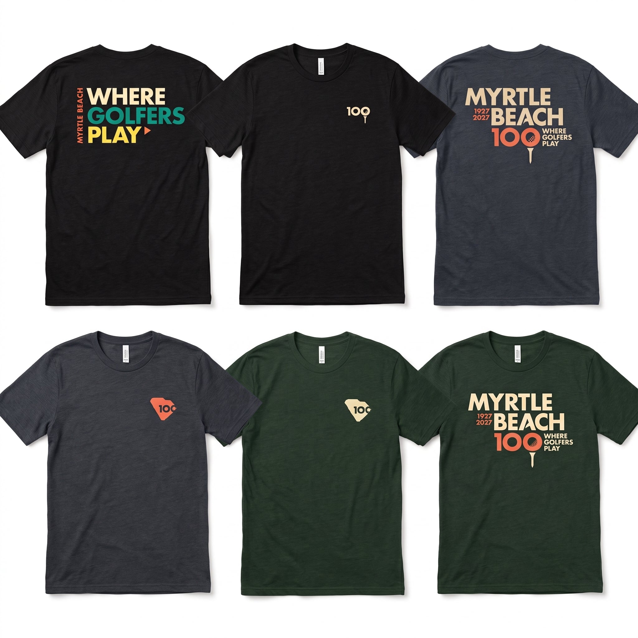 Six short-sleeve graphic T-shirts arranged in two rows of three on a plain white background. 