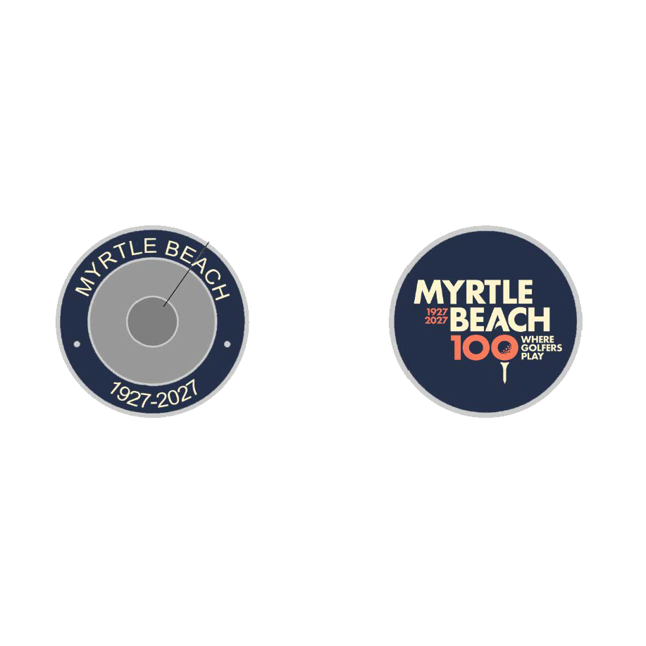 Two circular Myrtle Beach commemorative golf ball markers. 2021'.