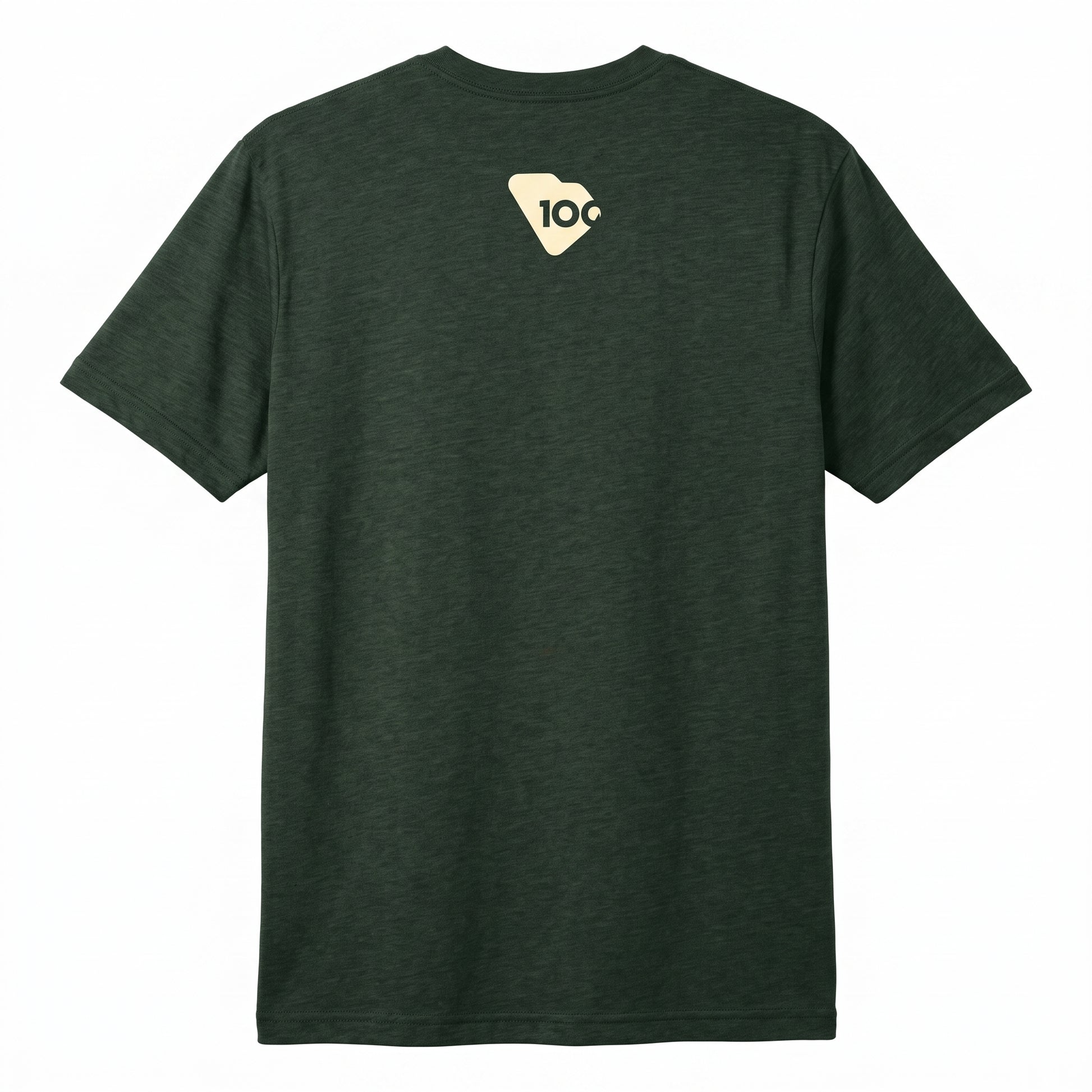 A dark green heather short-sleeve t-shirt with a small cream-colored logo on the back.