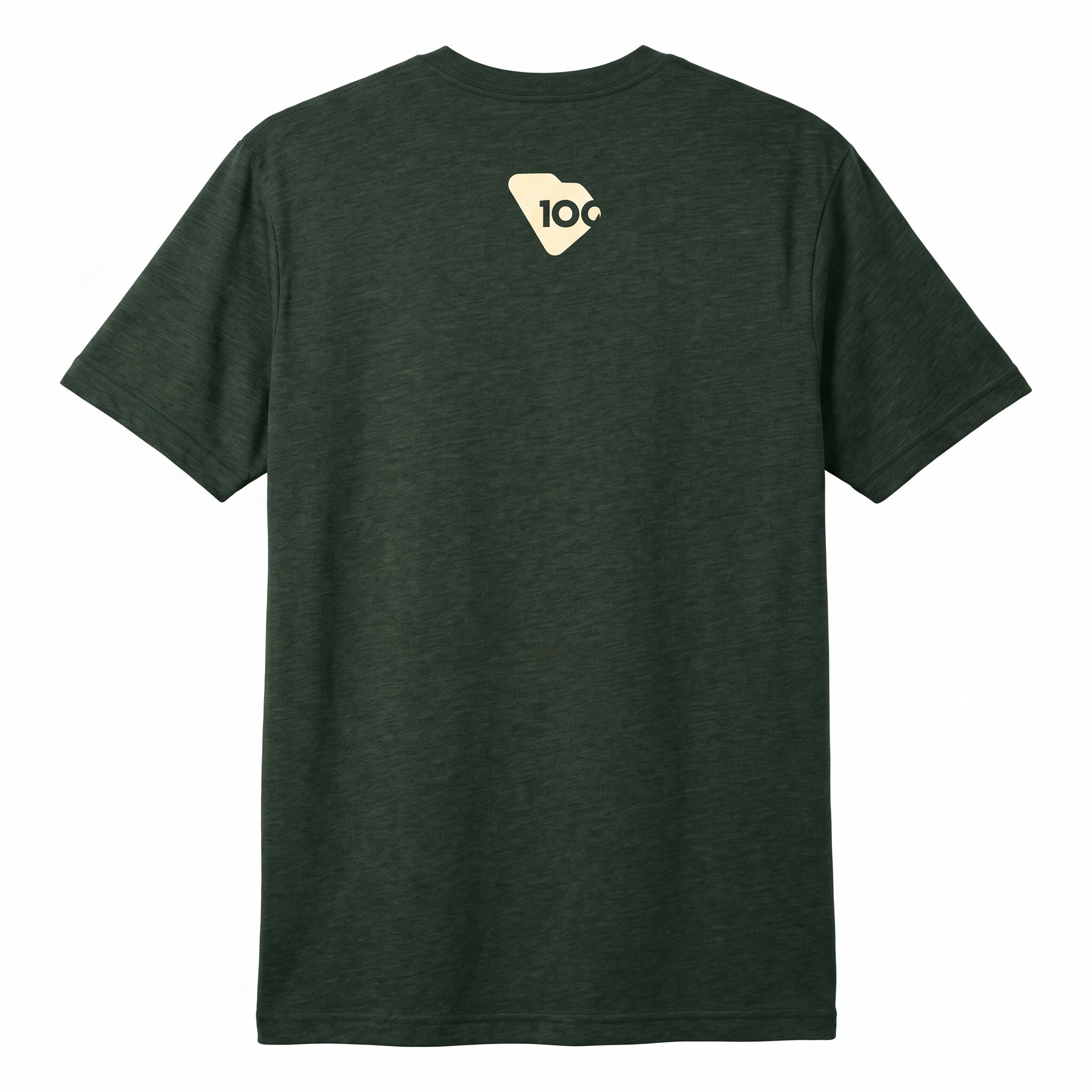 A dark green heather short-sleeve t-shirt with a small cream-colored logo on the back.