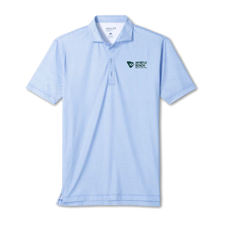 A blue-dotted men's polo shirt with a button henley.