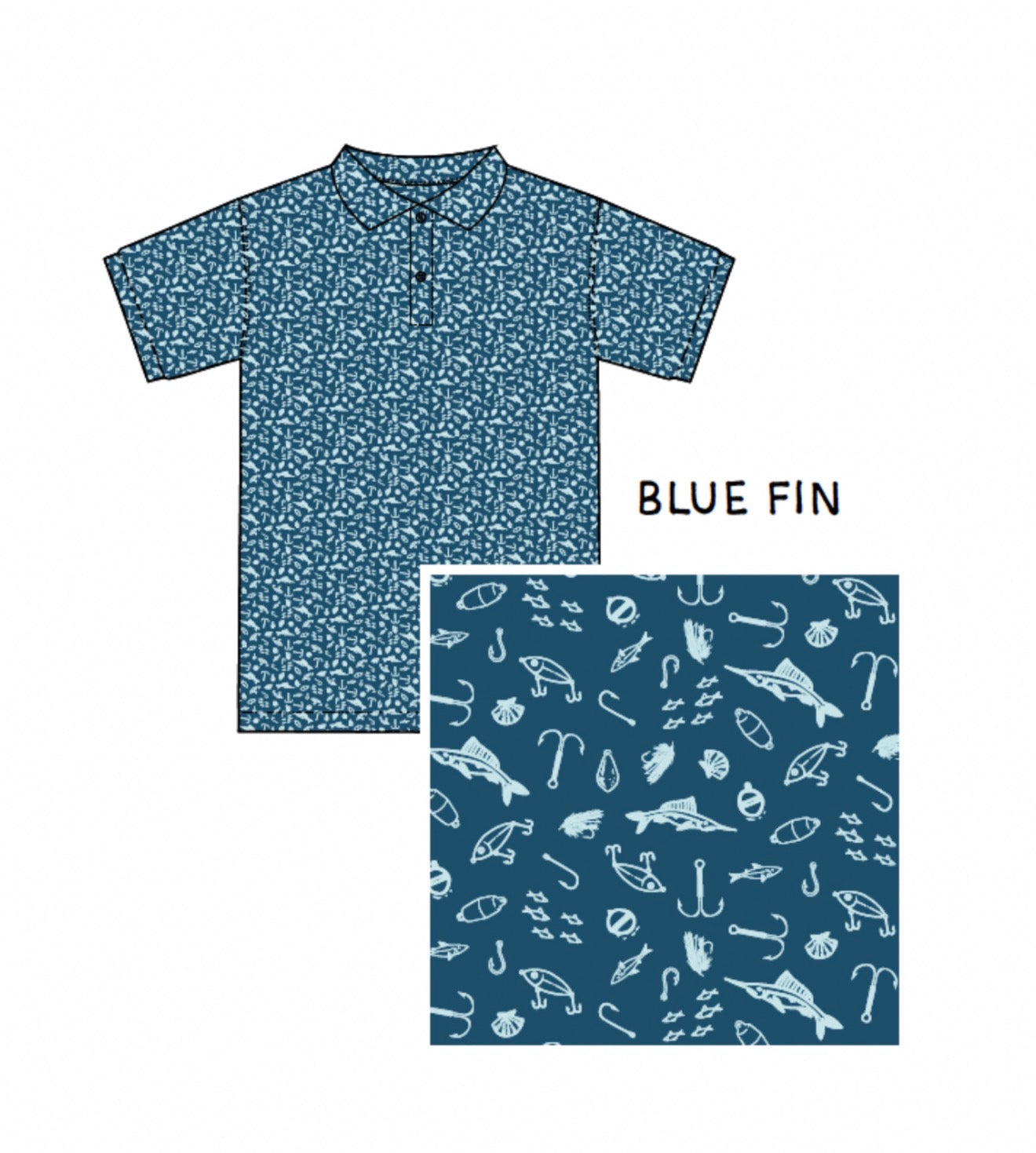 A short-sleeve polo shirt with a dense small-scale white pattern over a medium blue base.