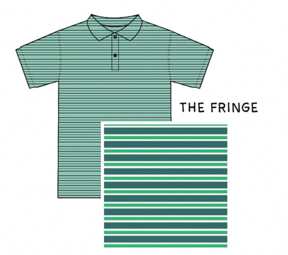 A short-sleeve polo shirt with thin horizontal stripes in mint green, dark green, and white.