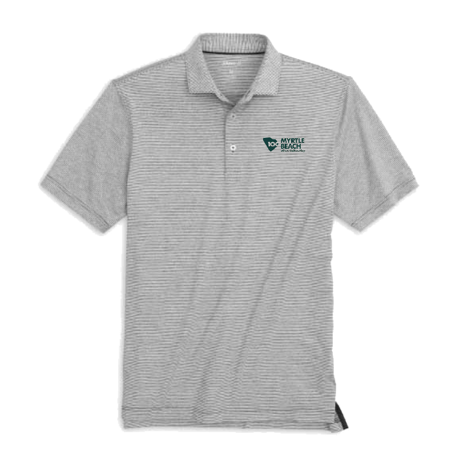 A short-sleeve polo shirt with fine gray and white horizontal stripes, featuring a small embroidered logo in green on the left chest.