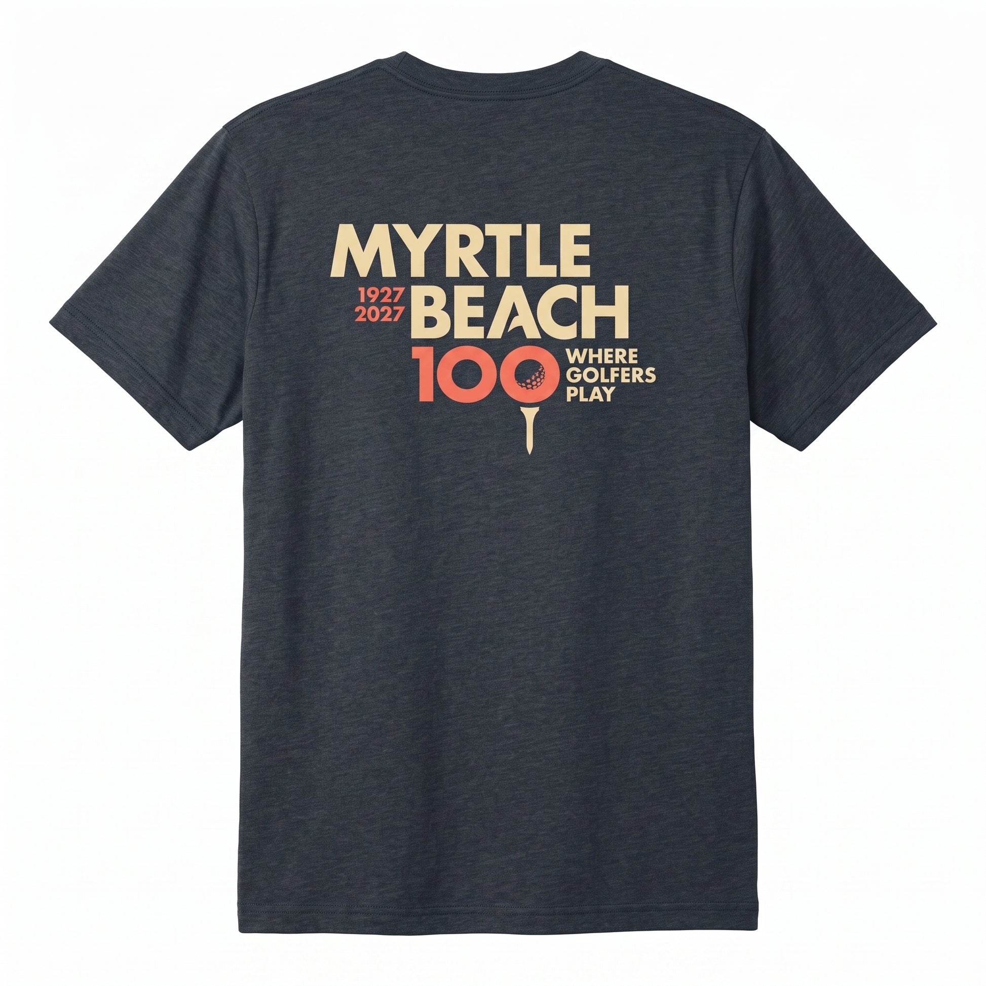 A dark heather blue t-shirt with a graphic on the back featuring the text in beige and coral orange, displayed on a clean white background.
