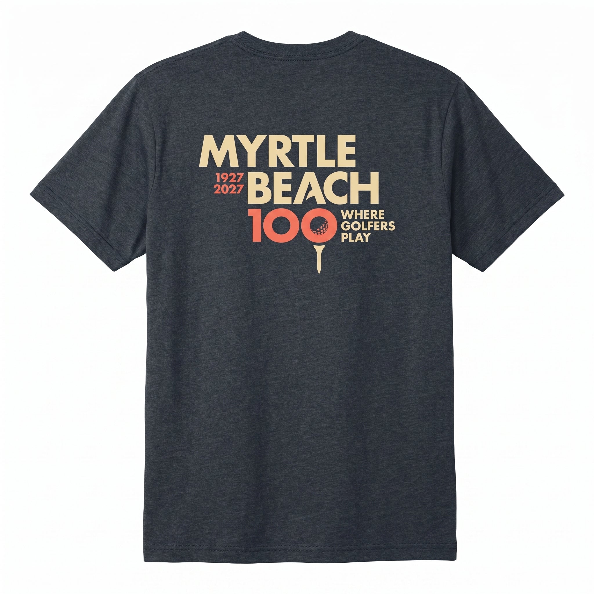 A dark heather blue t-shirt with a graphic on the back featuring the text in beige and coral orange, displayed on a clean white background.