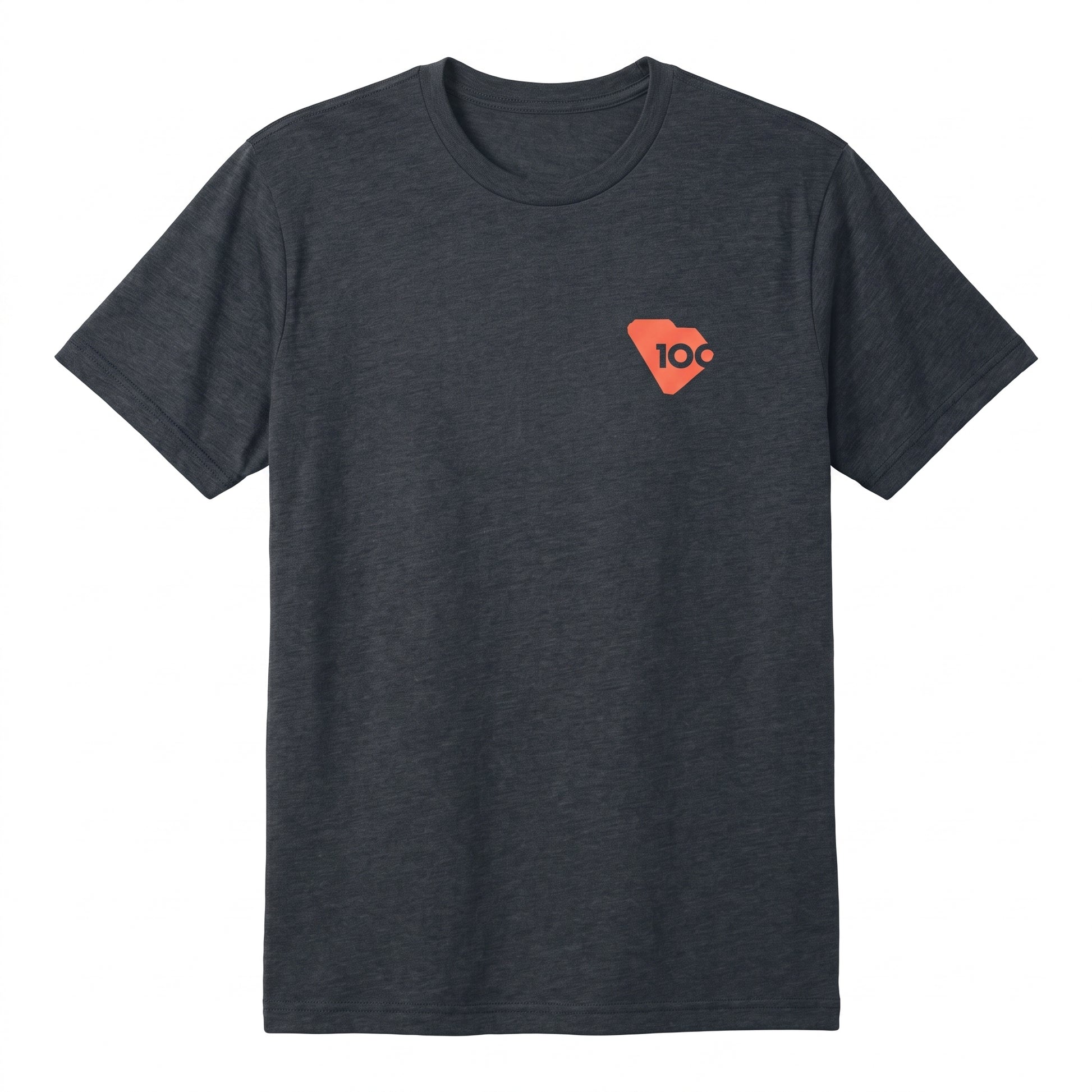 A dark heather blue short-sleeve t-shirt with a small coral color graphic.