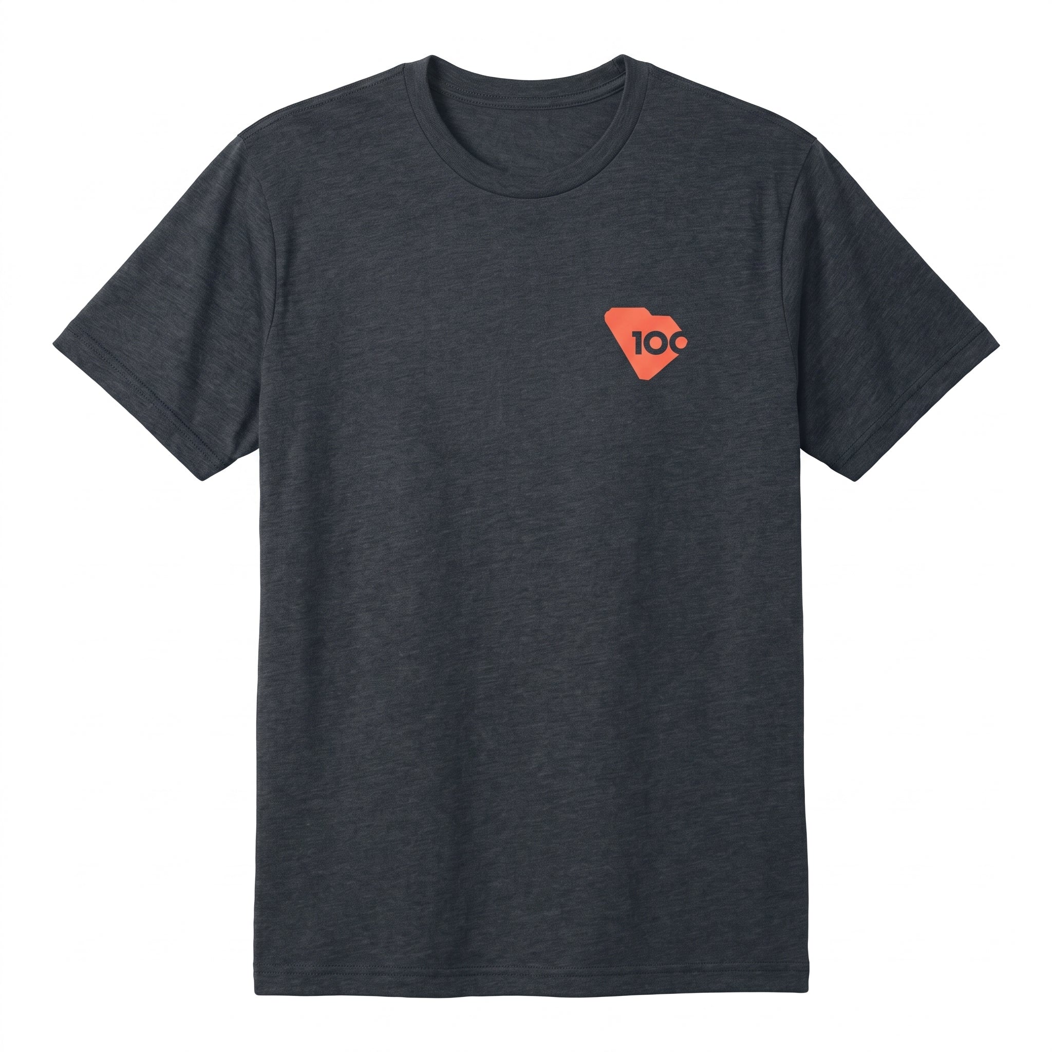 A dark heather blue short-sleeve t-shirt with a small coral color graphic.