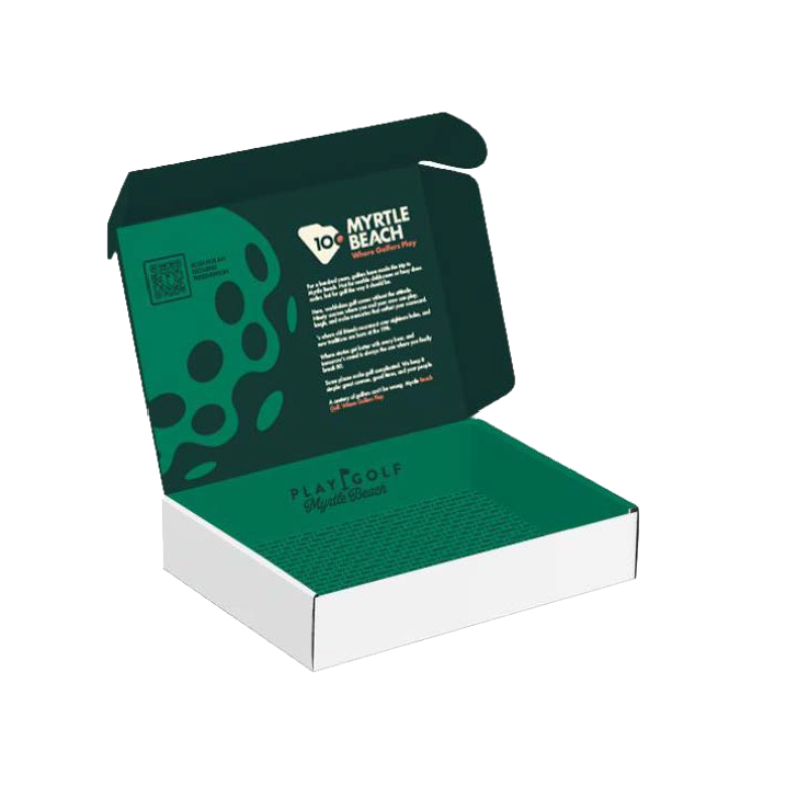 An open white and dark green PLAYGOLF subscription box with the lid propped open, showing the inside lid with 'MYRTLE BEACH' text and the green PLAYGOLF logo printed on the base.