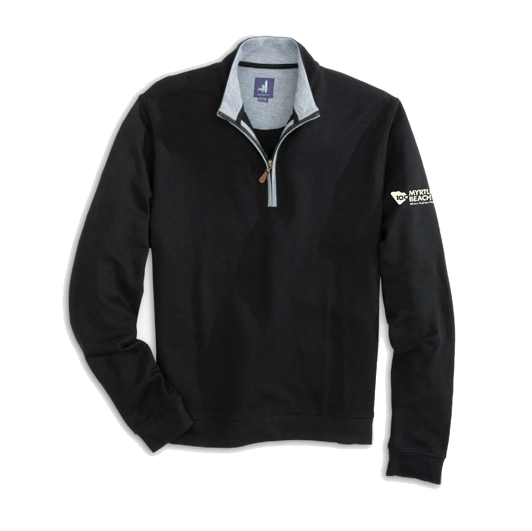 A black quarter-zip pullover shirt with a light gray inner collar and zipper trim, featuring a white embroidered logo on the left sleeve.