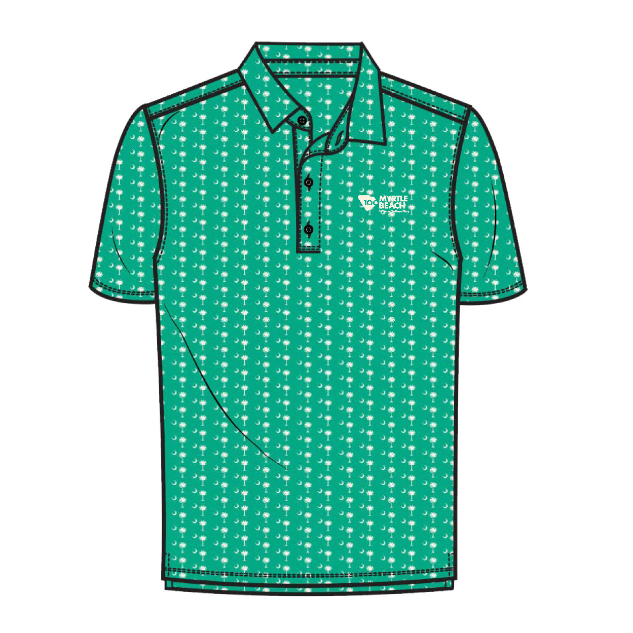 A short-sleeve polo shirt with a green and white repeating pattern, featuring a white printed logo on the left chest.
