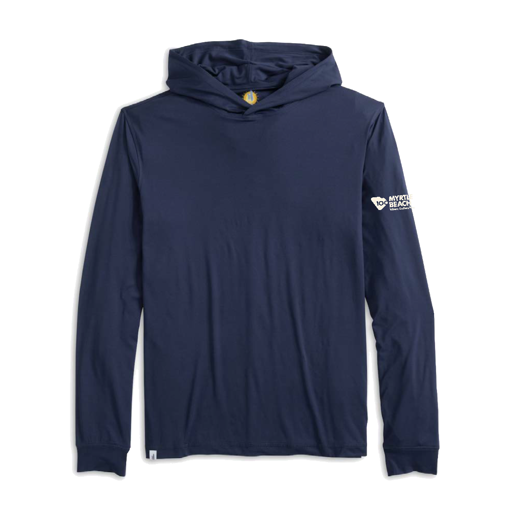 A men's long sleeve navy hoodie pullover with a myrtle beach centennial golf logo on the left sleeve.