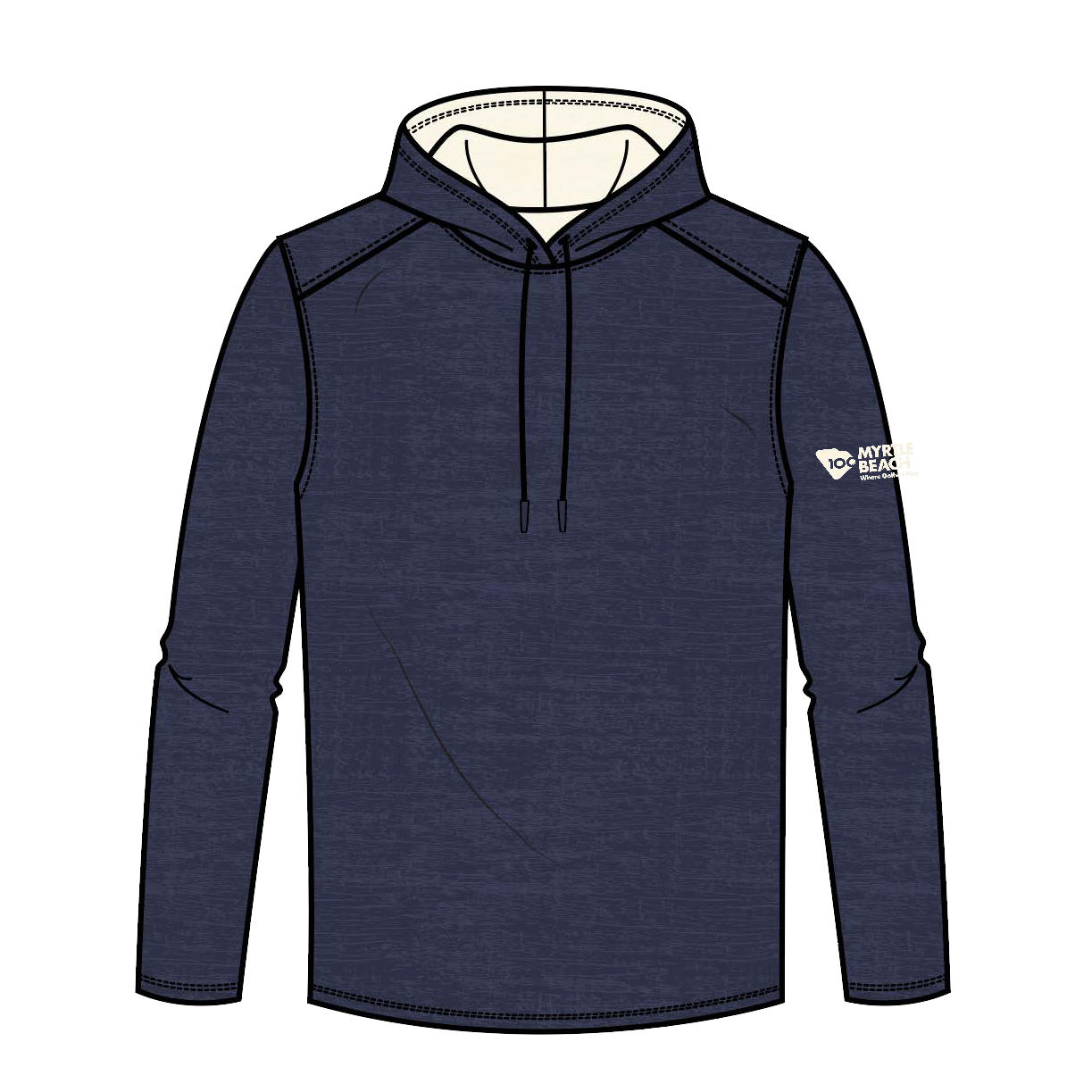 A dark navy blue long-sleeve hooded shirt with black drawstrings and a small white logo on the left sleeve.