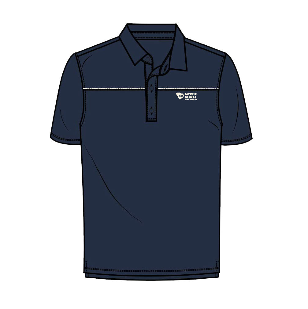 Navy men's polo shirt with a button henley and myrtle beach logo