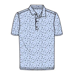 A short-sleeve men's polo shirt with a light blue base and an all-over doodle pattern.
