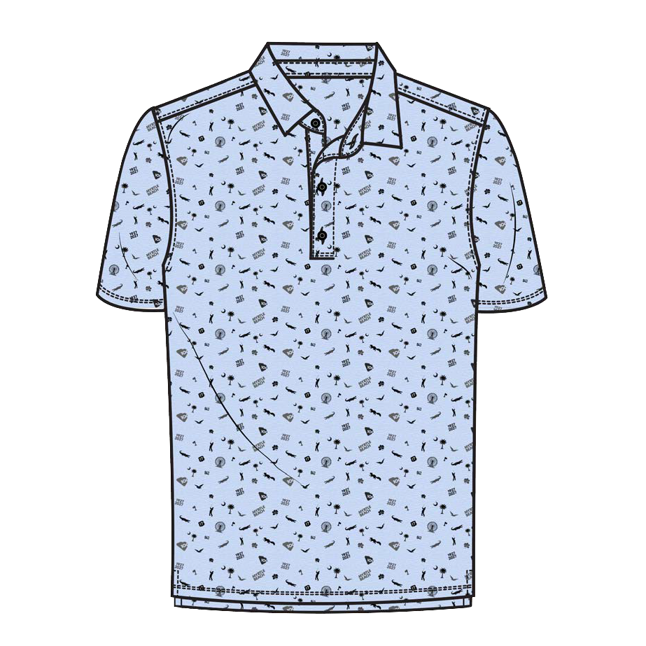 A short-sleeve men's polo shirt with a light blue base and an all-over doodle pattern.