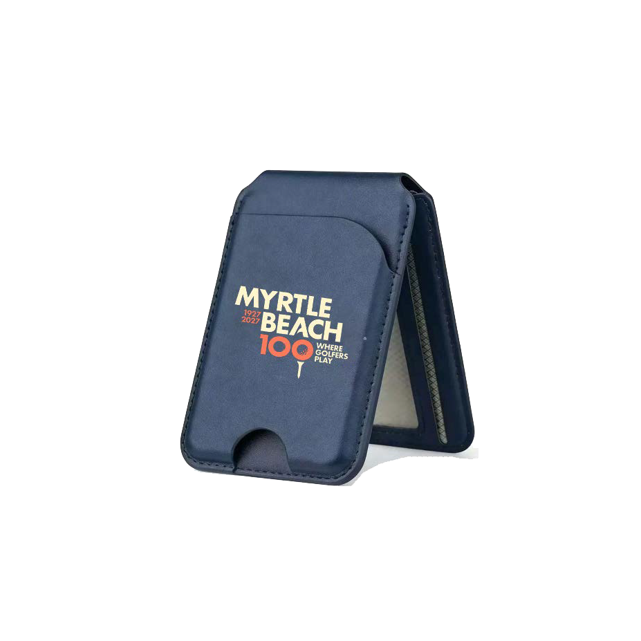 A navy blue leather card holder wallet standing open on a white background, featuring a printed graphic on the front.