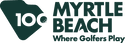 A dark green and white graphic logo featuring a stylized golf ball and flag design with the text '100 MYRTLE BEACH Where Golfers Play'.