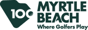 A dark green and white graphic logo featuring a stylized golf ball and flag design with the text '100 MYRTLE BEACH Where Golfers Play'.
