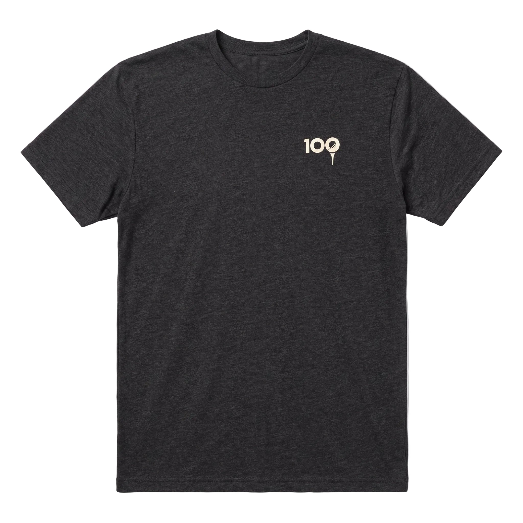 A dark heather black crewneck t-shirt with a small beige graphic on the left chest reading '100', displayed flat against a light gray background.