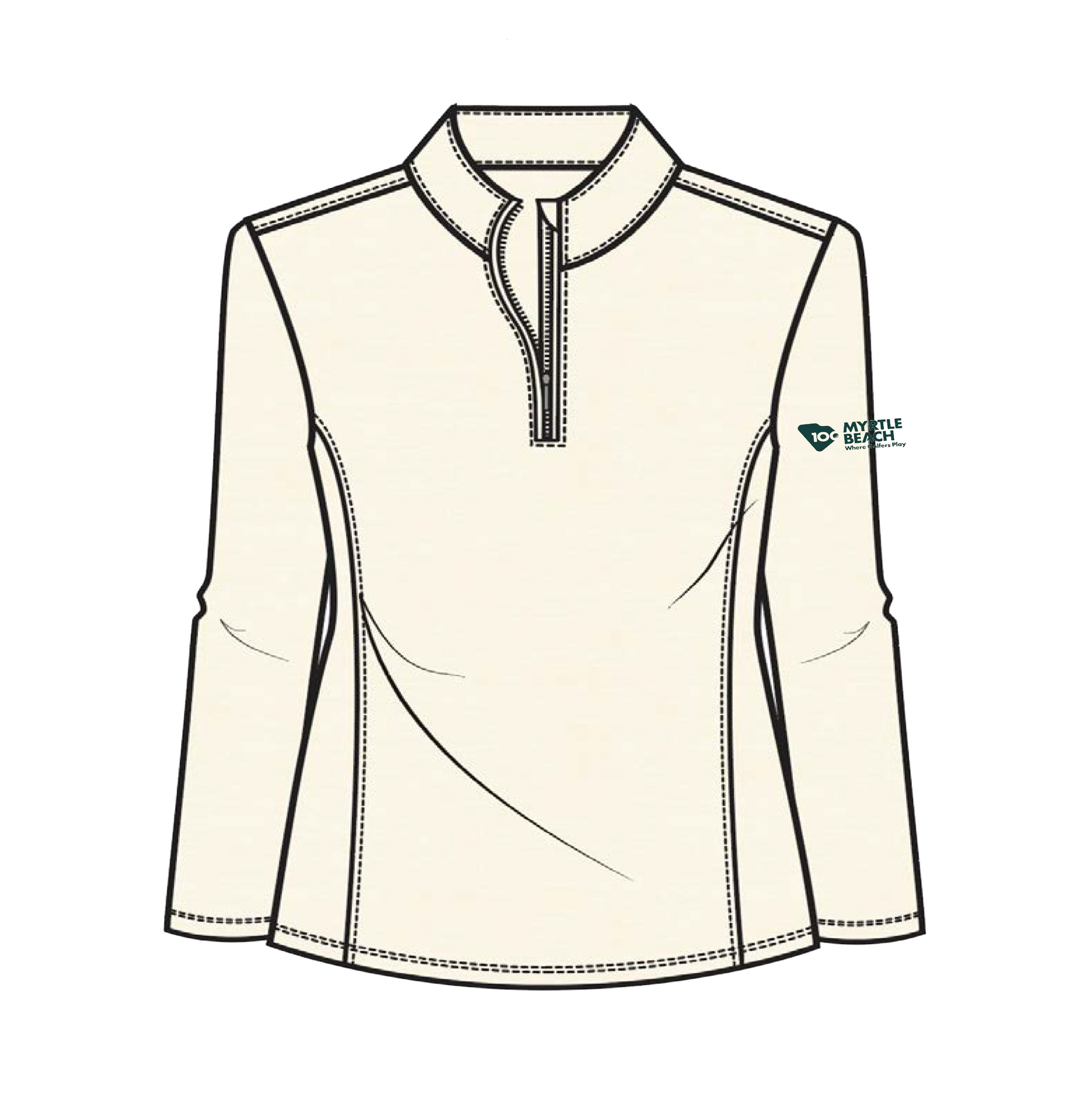 A women's long-sleeve quarter-zip pullover in a warm off-white/cream color, featuring a mock neck collar, zippered placket.