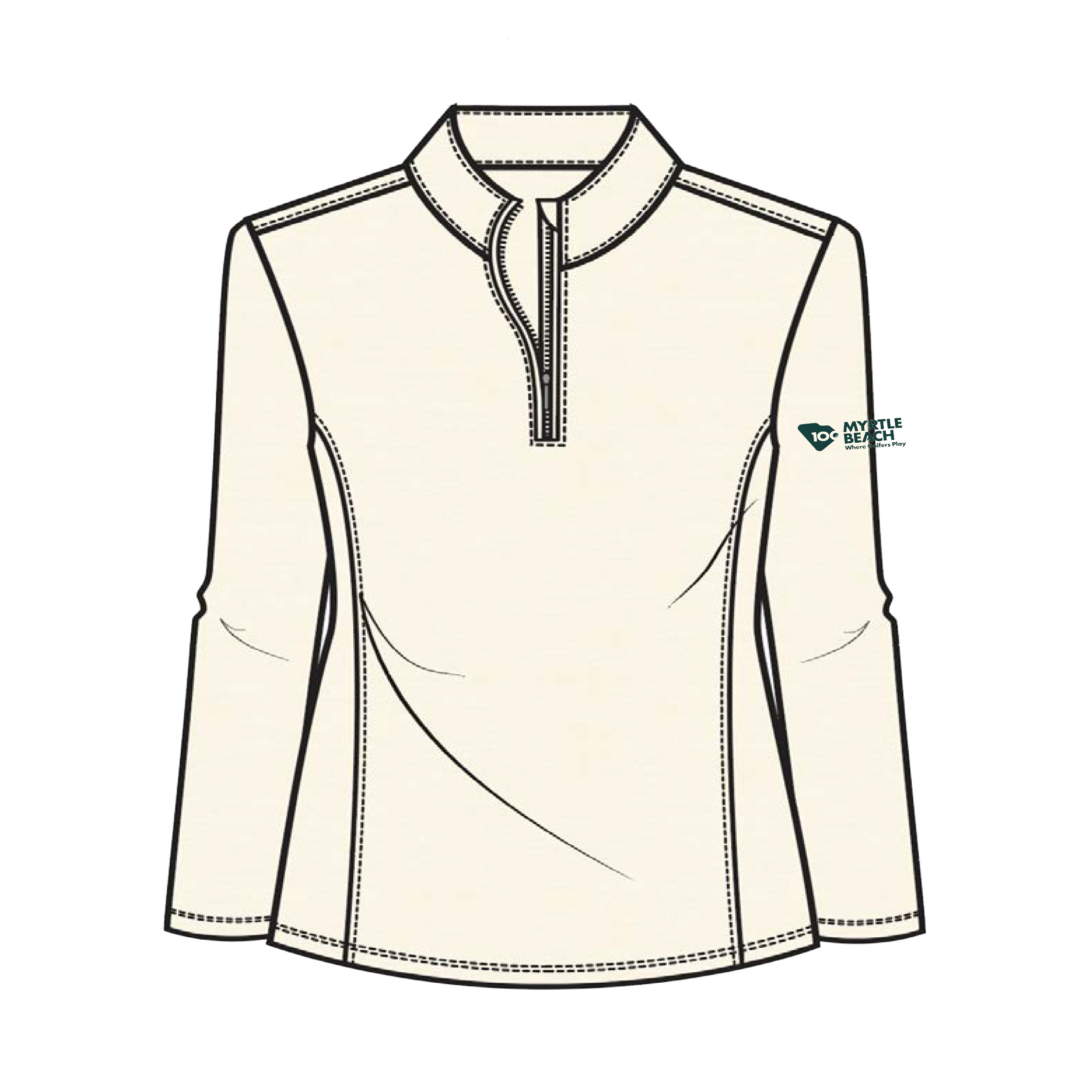 A women's long-sleeve quarter-zip pullover in a warm off-white/cream color, featuring a mock neck collar, zippered placket.