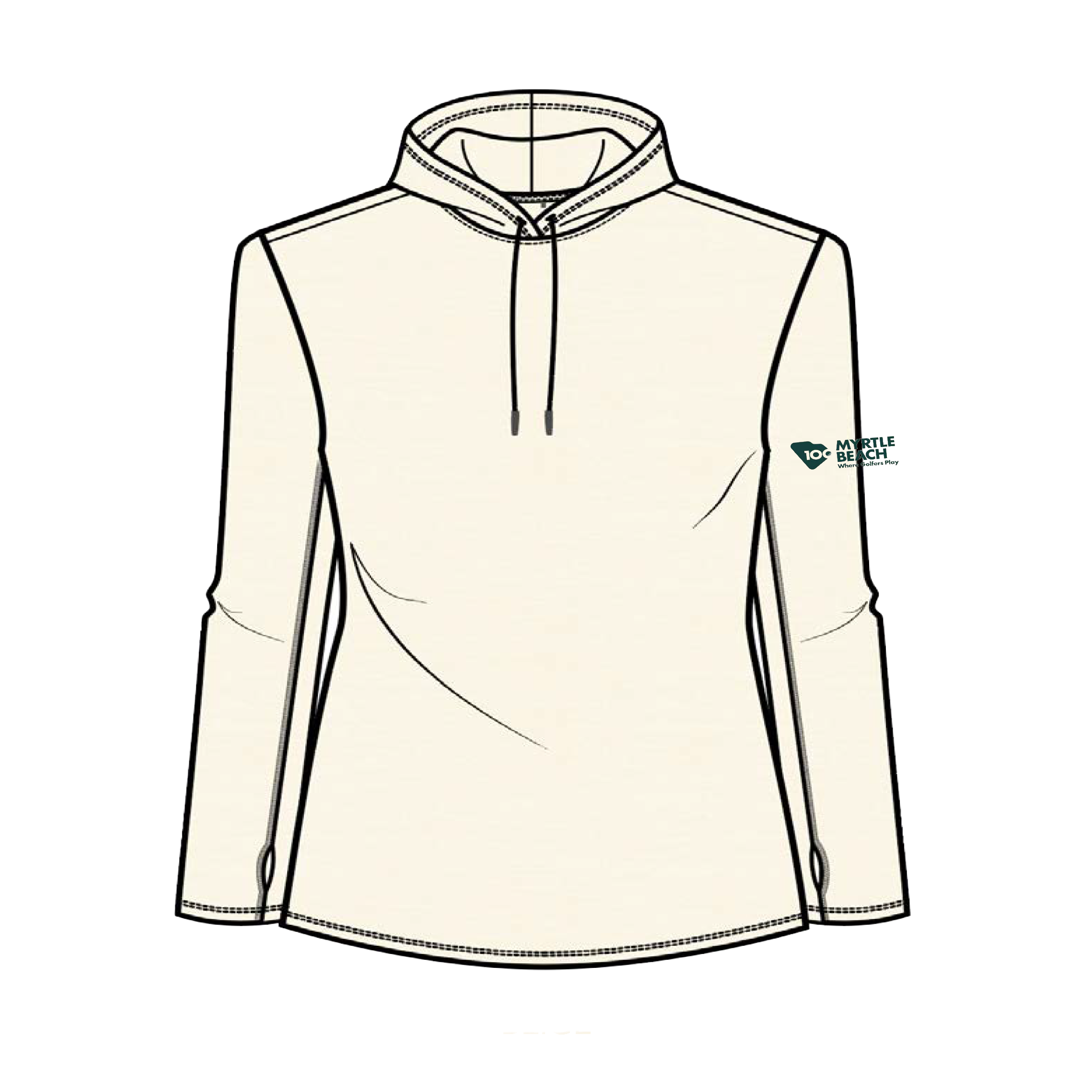 A women's long-sleeve pullover hoodie in a light cream color with drawstrings, and a small green logo on the left sleeve.