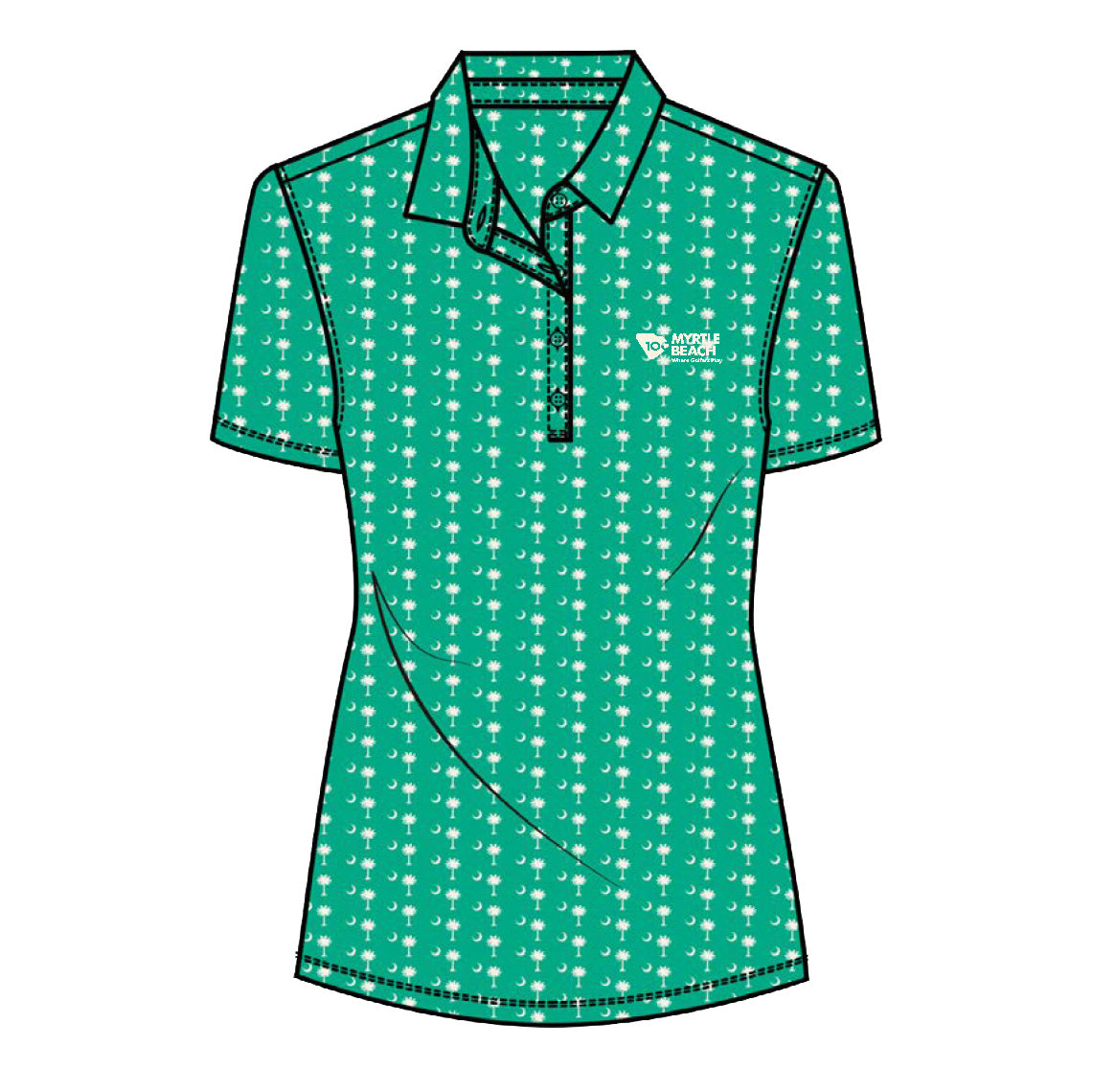 A short-sleeve polo shirt in a bright teal green color, featuring a repeating white golf club and ball pattern across the fabric. It has a classic collar, a three-button placket, and a small white embroidered logo.