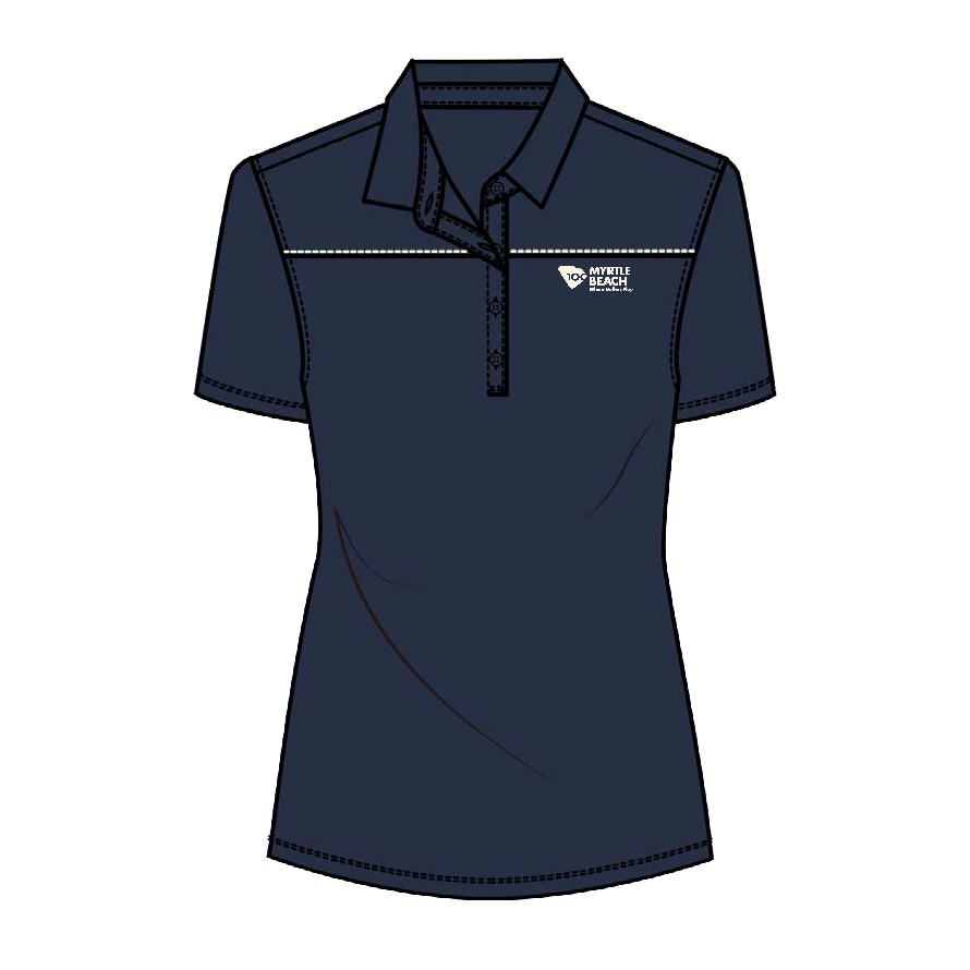 A dark navy blue short-sleeve polo shirt with a white logo on the left chest with a thin white horizontal stripe across the upper chest.