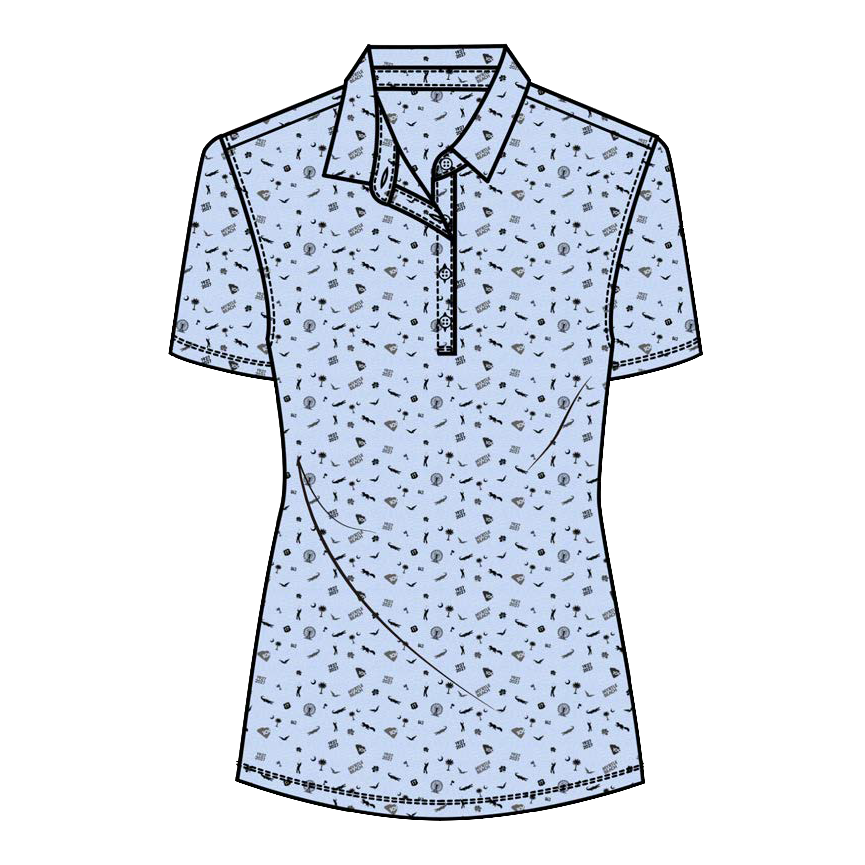 A short-sleeve women's polo shirt with a light blue base and a doodle-style print.