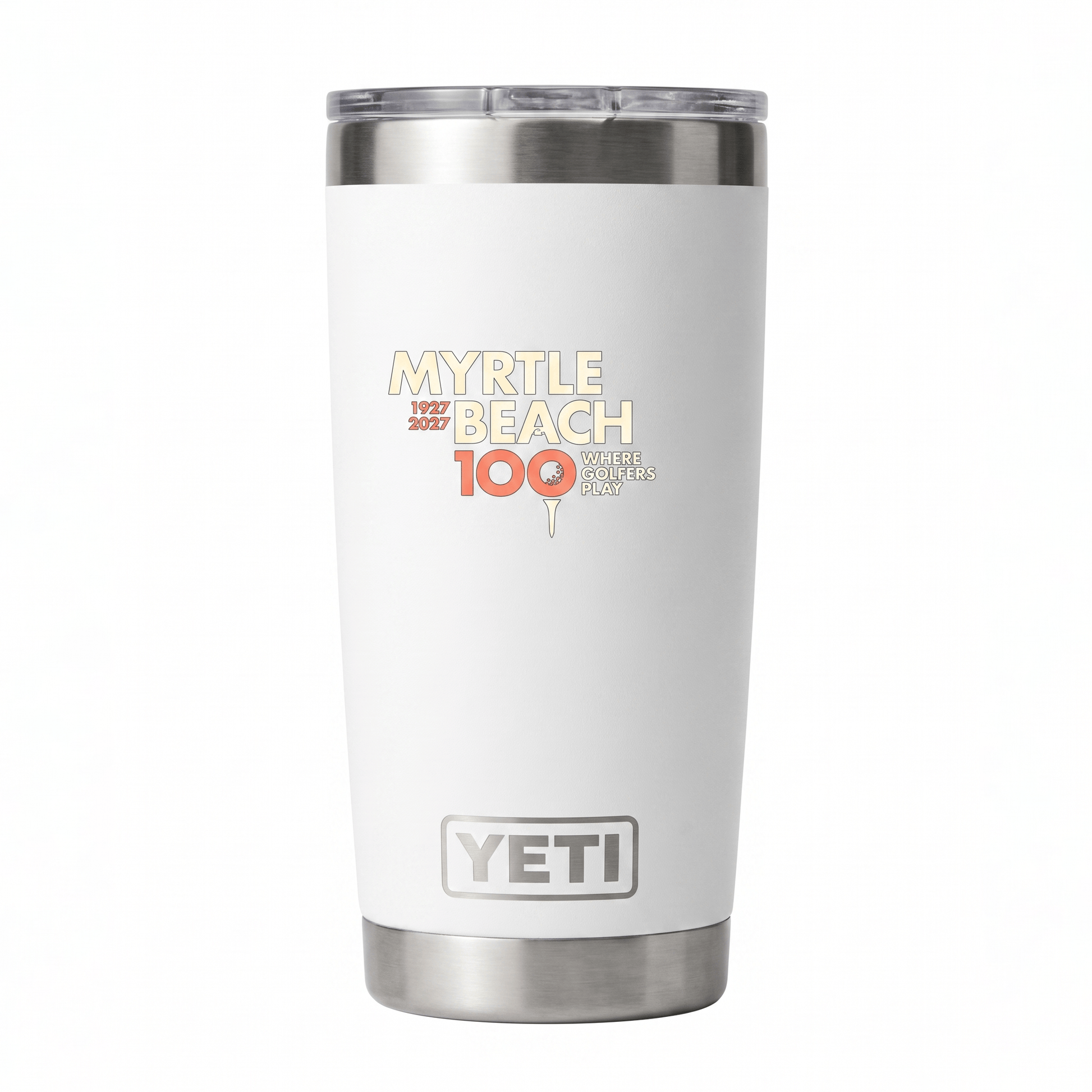 A white YETI travel tumbler with stainless steel accents, featuring a 'MYRTLE BEACH 100th Anniversary' graphic on the front, set against a plain white background.