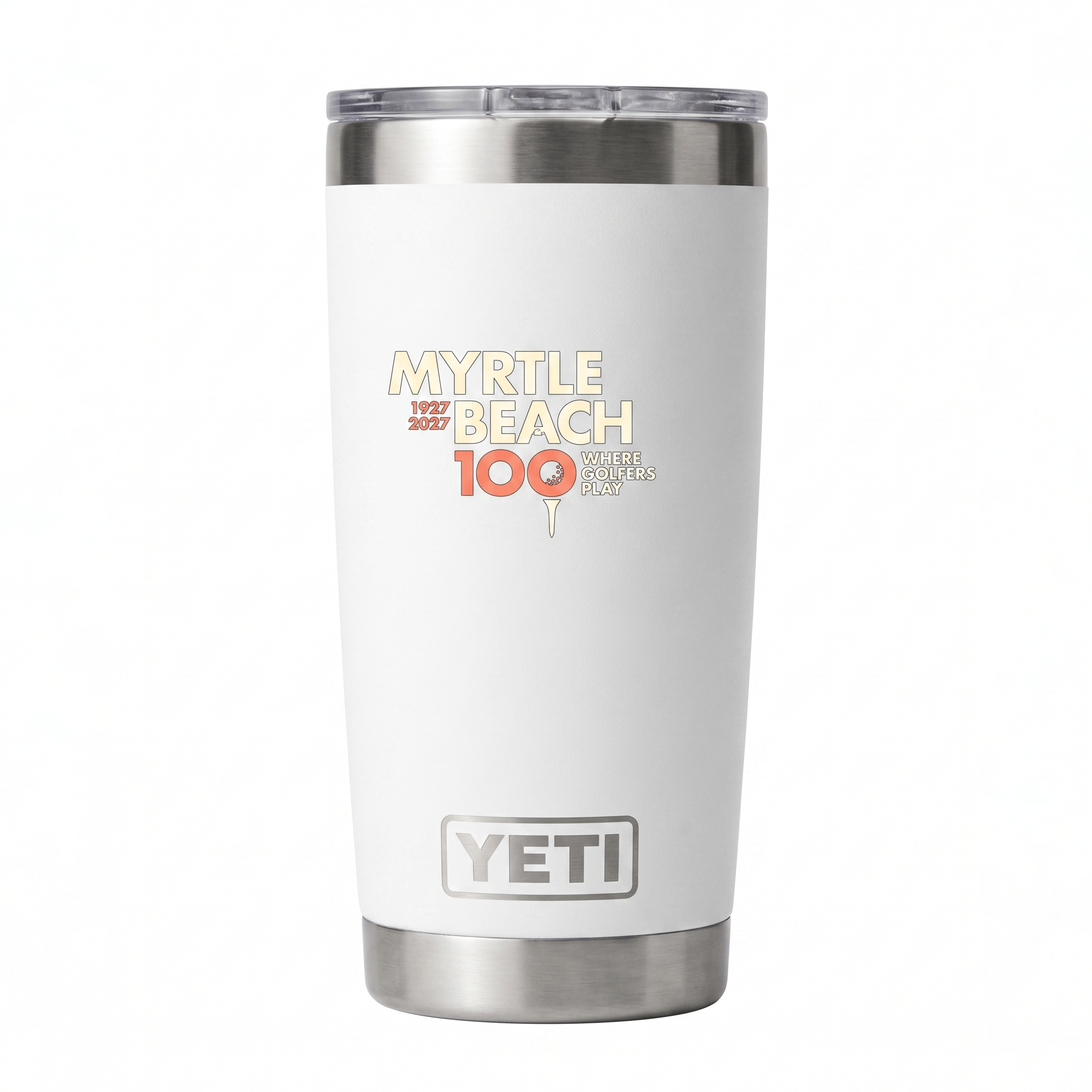 A white YETI travel tumbler with stainless steel accents, featuring a 'MYRTLE BEACH 100th Anniversary' graphic on the front, set against a plain white background.